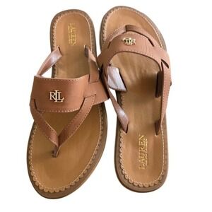 Lauren Ralph Lauren Sandals Women 7 Brown New Thong Flip Flop RLL Logo Flat